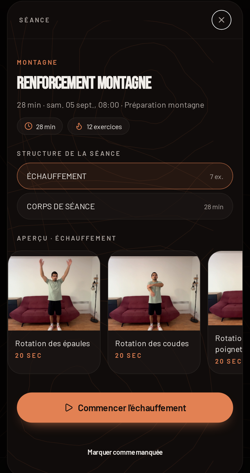 Détail d'une séance de renforcement montagne avec les exercices en vidéo