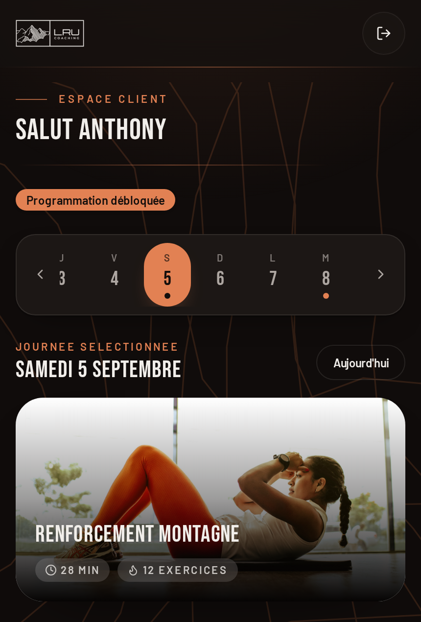 Écran des séances de l'application LRU Coaching, avec le calendrier de la semaine et la séance du jour